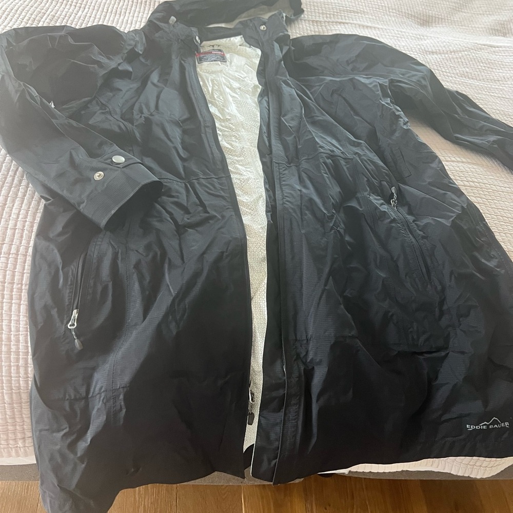 Eddie Bauer long rain coat with removable hood